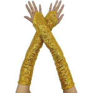Women's Fingerless Long Sequin Yellow Gloves Halloween Party Costume Cosplay